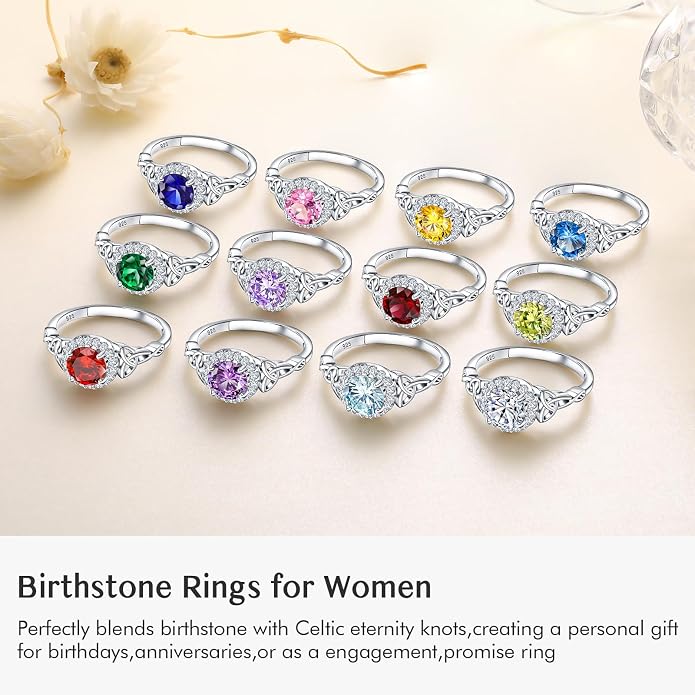 DAYBYDAY Celtic Birthstone Rings for Women 925 Sterling Silver Heart/Round/Pear/Oval Created Gemstone Moissanite Halo Engagement Promise Rings for Her Wife Birthday Anniversary Wedding Jewelry
