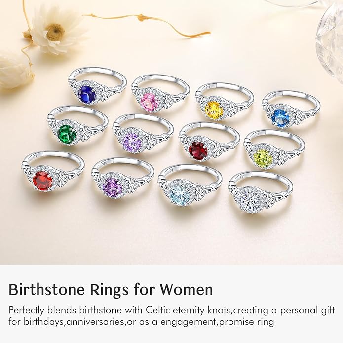 DAYBYDAY Celtic Birthstone Rings for Women 925 Sterling Silver Heart/Round/Pear/Oval Created Gemstone Moissanite Halo Engagement Promise Rings for Her Wife Birthday Anniversary Wedding Jewelry