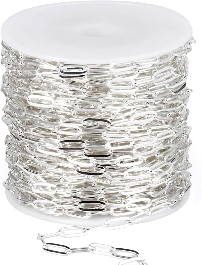 [33 Ft] Stainless Steel Paperclip Chains Roll, 3mm Width Silver Plated Stainless Steel Oval Link Chains Spool Bulk for Jewelry Making