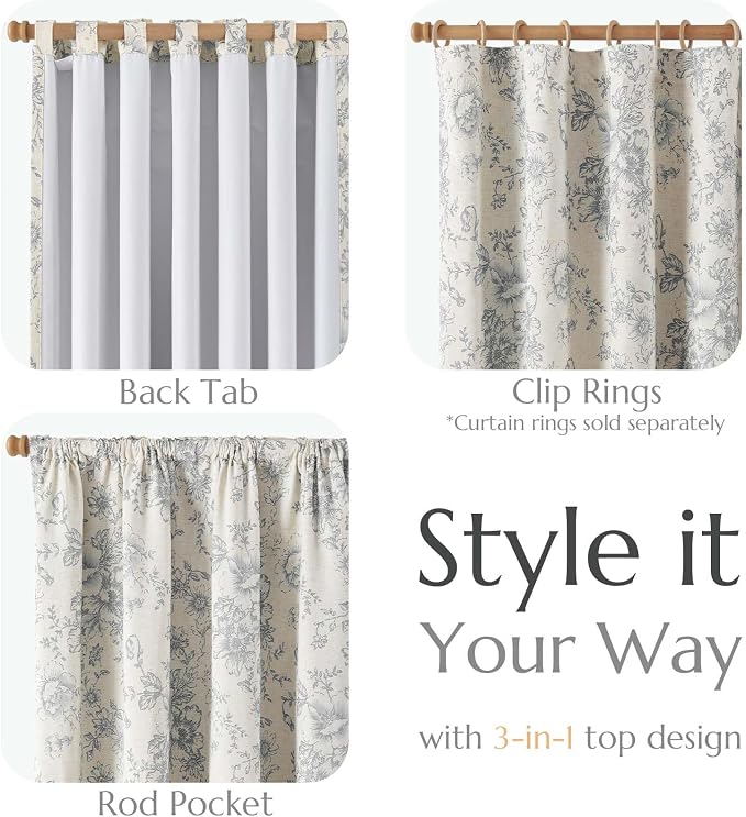 jinchan Grey Floral Linen Blackout Curtains Lined 84 Inch Back Tab 2 Panels | Blackout lining, room darkening drapes, farmhouse, vintage, cottagecore, rustic, bedroom, living room, window treatment