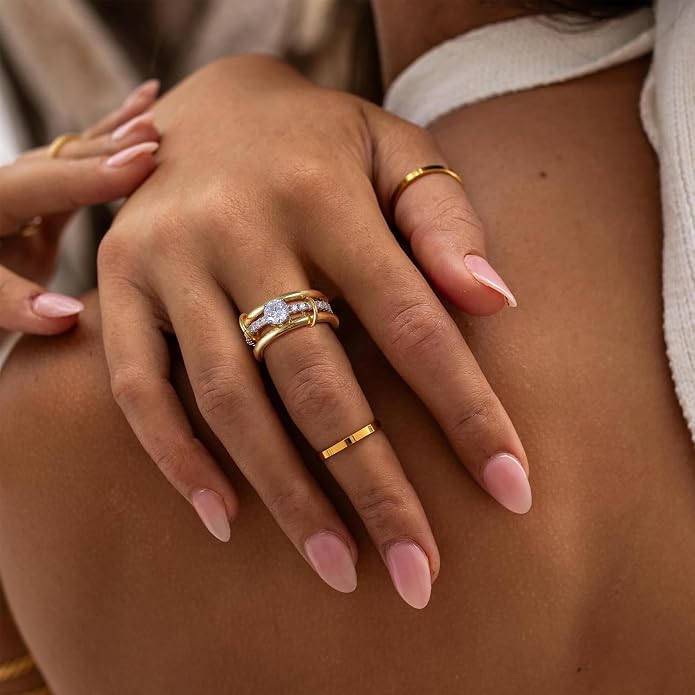KissYan Stackable Rings for Women, 14k Gold Plate Interlocked Multi Ring Set Dainty Pave CZ Personalized Fashion Two-Toned Mixed Metals Stacking Jewelry Trendy Statement Gift