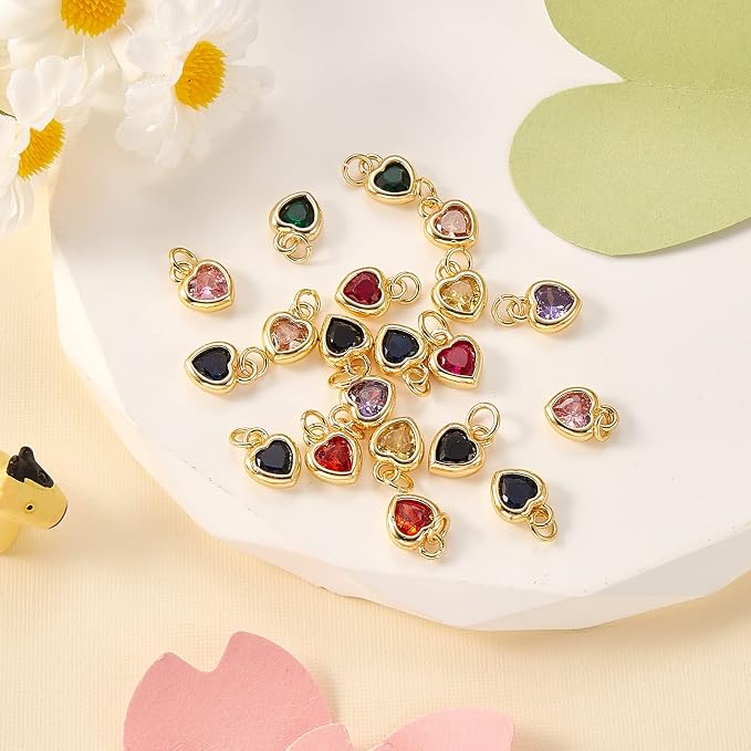 DanLingJewelry 20pcs Random Color Brass Cubic Zirconia Heart Charms Mini CZ Stone Heart Charms with Jump Ring for Jewelry Making