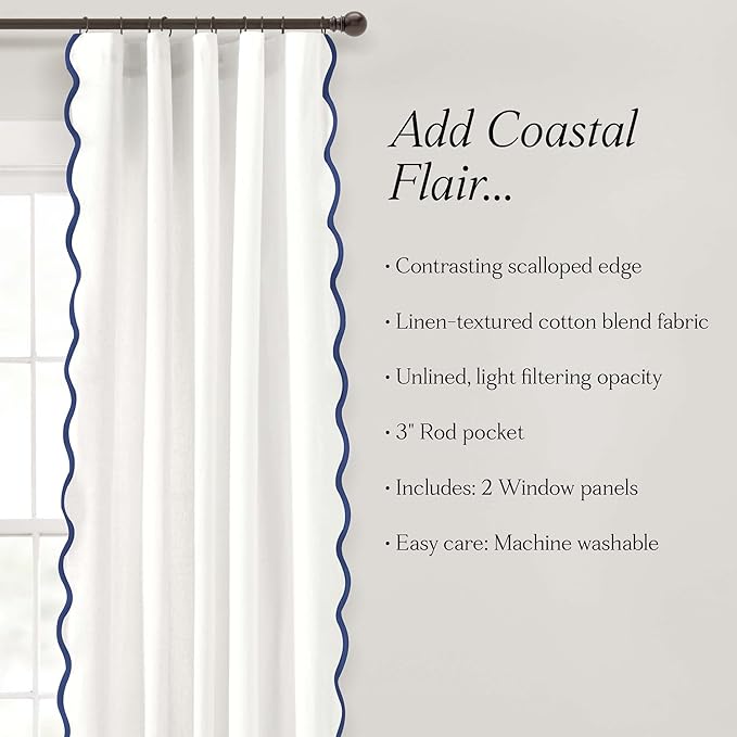 Lush Decor Coastal Chic Scalloped Edge Light Filtering Window Curtain Panels Pair, 52" W x 84" L, Navy & White - White Curtains for Living Room - Coastal Decor