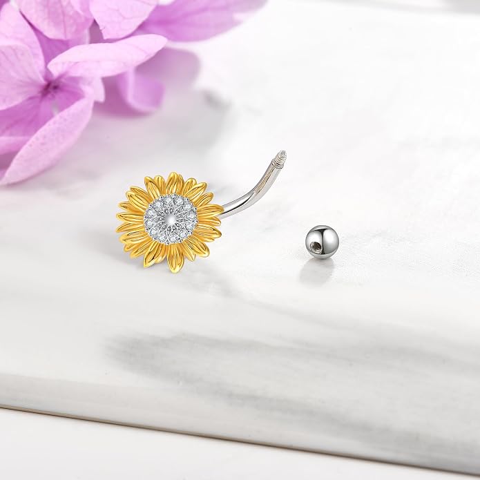 Sunflower Daisy Belly Button Ring Dangle Hoop 925 Sterling Silver Hypoallergenic Belly Button Piercing Body Navel Rings Sexy Belly Button Jewelry Gifts for Women (14G)