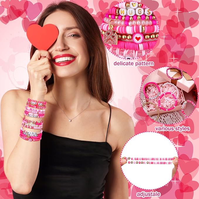 Landical 64 Pieces Valentines Day Beaded Bracelets Bulk Stackable Clay Beaded Love Kiss Heart Pink Valentines Party Supplies Friendship Jewelry for Women Birthday Party Favors Gifts Goody Bag Fillers