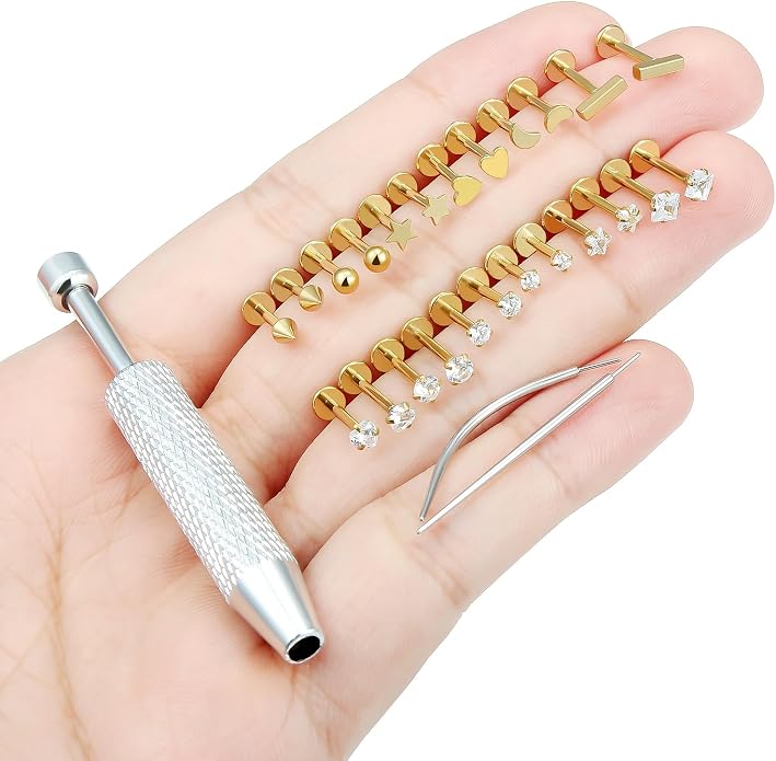 20/18/16g Gold Flat Back Threadless Earrings Nose Rings Lip Studs Surgical Steel Piercing Jewelry for Women Men