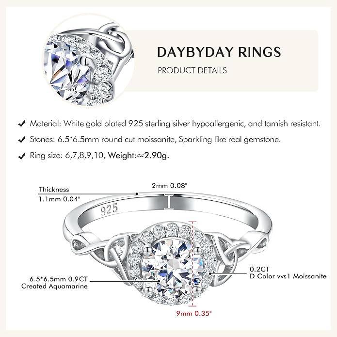 DAYBYDAY Celtic Birthstone Rings for Women 925 Sterling Silver Heart/Round/Pear/Oval Created Gemstone Moissanite Halo Engagement Promise Rings for Her Wife Birthday Anniversary Wedding Jewelry