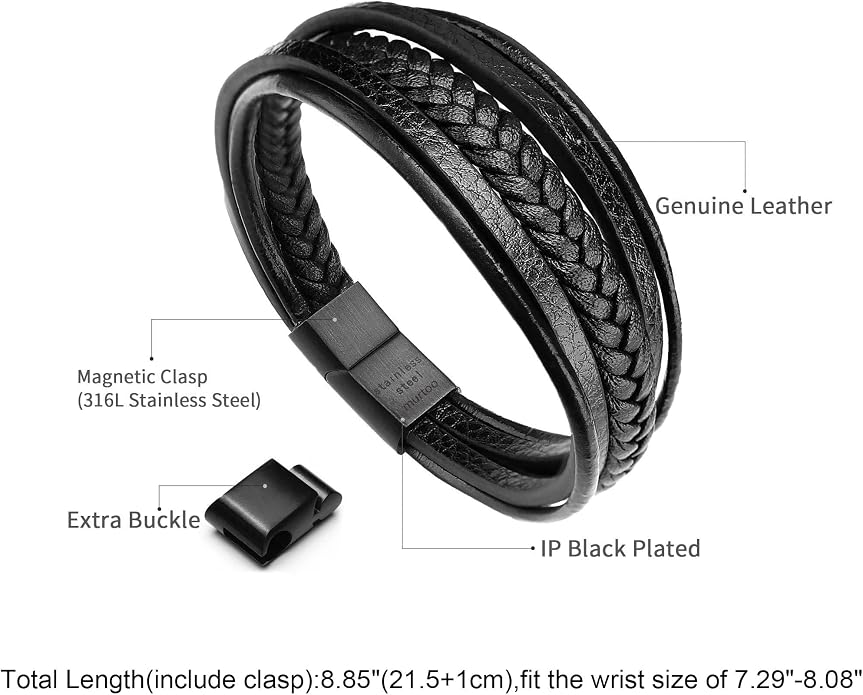 murtoo Mens Leather Bracelet with Clasp Cowhide Multi-Layer Braided Leather Mens Bracelet