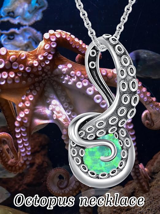 Octopus Tentacles Necklace with Gemston 925 Sterling Silver Octopus Pendant for Women Ocean Jewelry Gift for Women