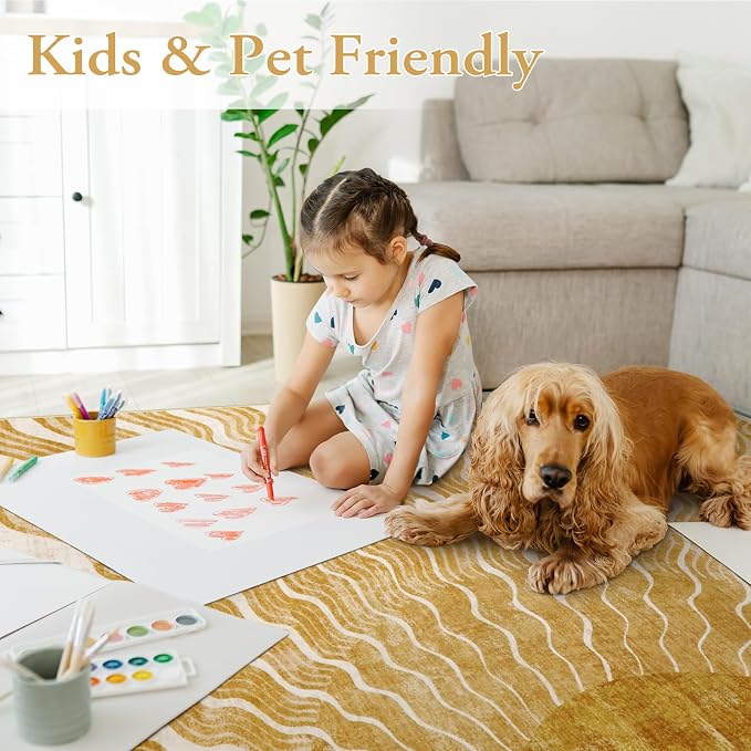 Hedlive Boho Machine Washable Rug 6x9, Sun Print Soft 6x9 Nursery Rug for Bedroom Classroom, Ultra-Thin Non Slip Kids Large Carpet for Living Room Playroom Office(6'x9',Gold/Multi)