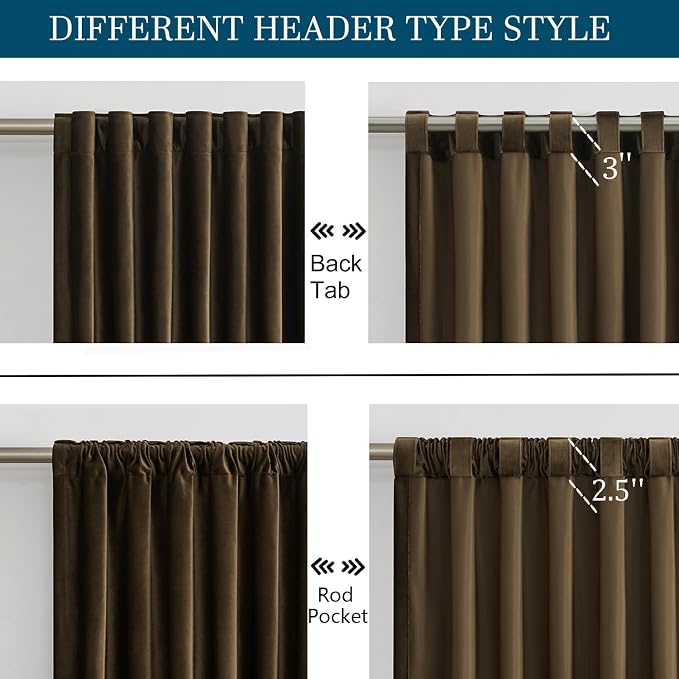 PRIMROSE Brown Velvet Curtains 72 inch Long for Living Room,Set of 2 Panels Blackout Rod Pocket Back Tab Window Treatment Room Darkening Heavy Decorative Curtains Drapes for Bedroom