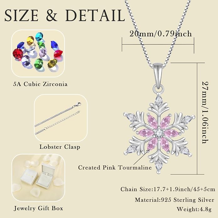 925 Sterling Silver Snowflake Necklace for Women Birthstone Snowflake Pendant Necklace Cubic Zirconia Christmas Jewelry