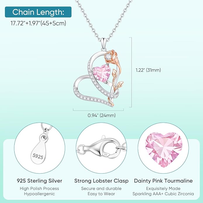 Rose Heart Birthstone Necklace for Women - Dainty 925 Sterling Silver Necklaces for Women Trendy CZ Pendant Necklace Jewelry Birthday Anniversary Christmas Gifts for Girlfriend Mom Lady Daughter