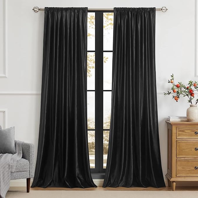 PRIMROSE Black Curtains 72 inch for Living Room Velvet Drapes Blackout Rod Pocket Back Tab Window Treatment Semi Room Darkening Decor Curtains for Bedroom Set of 2 Panels