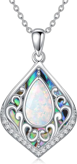 HPQQ Filigree Gemstone Necklace 925 Sterling Silver Teardrop Bohemian Necklace Abalone Shell Jewelry Birthday Gifts for Women