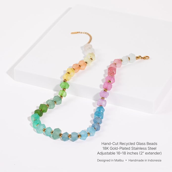 Chunky Frosted Sea Glass Beaded Necklace for Women - Handmade Recycled Glass, 18K Gold Plated or Silver Toned Stainless Steel, Adjustable 16-18 inch Boho Statement Necklace