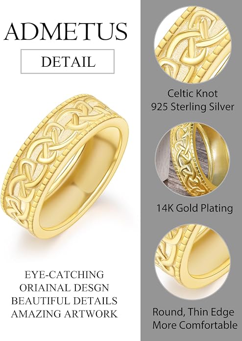 ADMETUS 925 Sterling Silver Celtic Knot Ring Wedding Band Rings for Men Celtic Jewelry Gifts for Men Rings Size 5-15