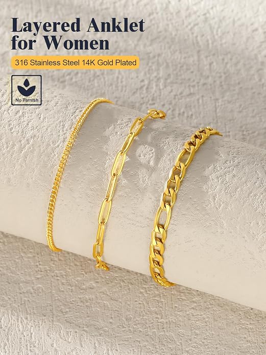 U7 2Pcs/3Pcs Ankle Bracelets for Women, Stainless Steel Cuban Link/Figaro/Rope/Heart Chain Anklets Sets,Waterproof Layered Anklets Adjustable 8.5"-10.5"