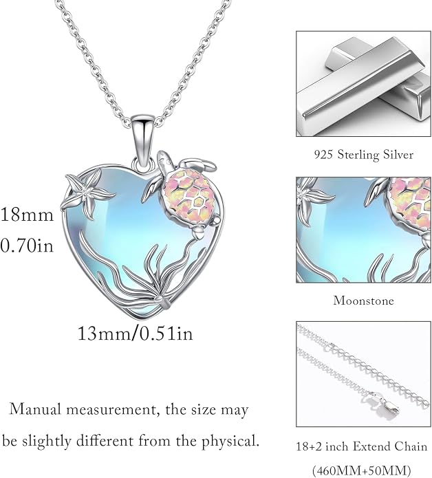 Sea Turtle/Seaweed Necklace for Women 925 Sterling Silver Heart of the Ocean Moonstone Pendant Necklace Turtle Moonstone Jewelry Gift for Wife Mom