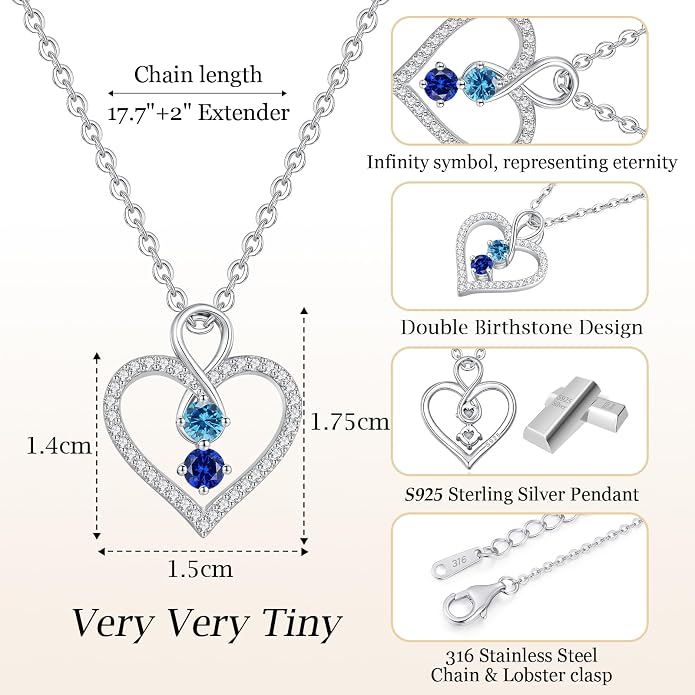 LOUISA SECRET Double Birthstone Necklaces for Women, 925 Sterling Silver Infinity Love Heart Pendant Necklace for Her, Birthday Anniversary Valentine's Day, Christmas, Wedding, Graduation Gift for Her, Personalized Gifts, Jewelry Gifts for Wife Mom Gir...
