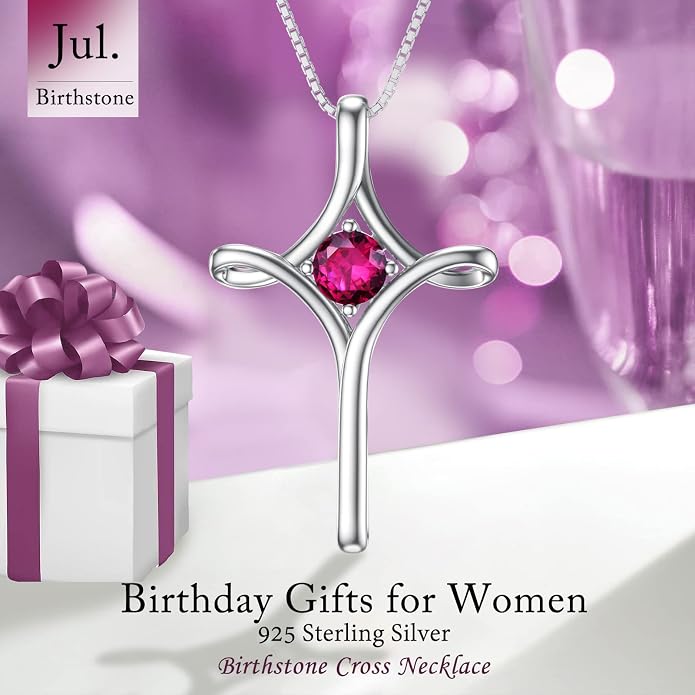 TOUPOP Cross Necklace for Women 925 Sterling Silver Birthstone Cross Pendant Fine Jewelry Anniversary Birthday Mothers Day Gifts for Mom Wife Her