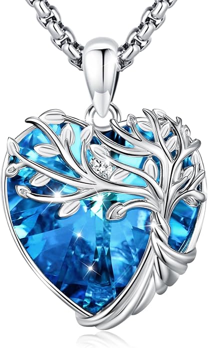 Tree of Life Necklace Sterling Silver Crystal Abalone Shell Tree Pendant with Heart Family Tree Jewelry for Women Mother's Day Gifts