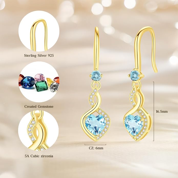 FANCIME Heart Infinity Dangle Drop Earrings 925 Sterling Silver Heart Gemstone Birthstone Earring
