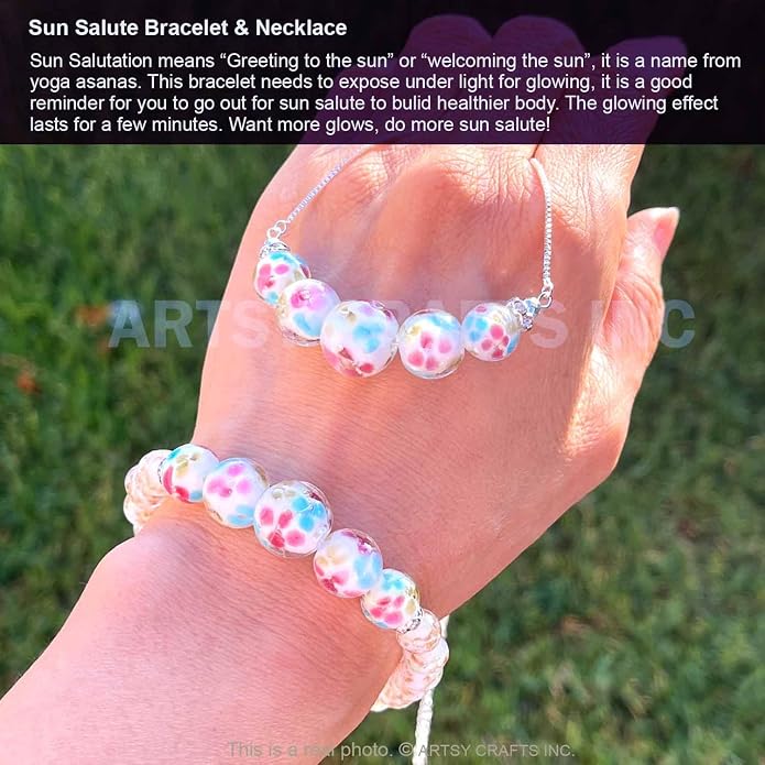 ARTSY Crafts Lily Garden Glow in the Dark Firefly Bead Bracelets Necklaces, Handmade in USA Murano Glass Jewelry, Flower Luminous Beads Mermaid Crystal Bracelet Bangle