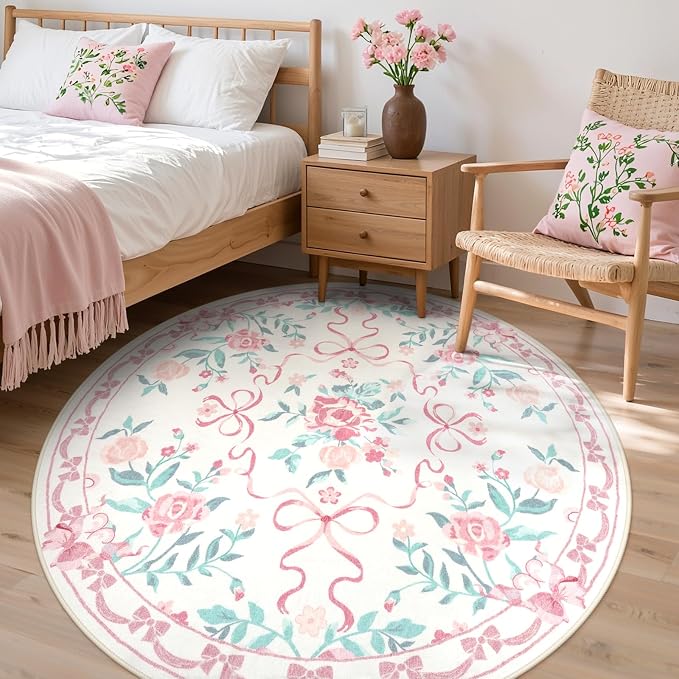 Collive Pink 6ft Round Rugs for Girls, Bow and Floral Washable Circle Rug for Living Room, Cute Ultra-Thin Non Slip Indoor Decor Carpet for Nursery Kids Room Bedroom Playroom