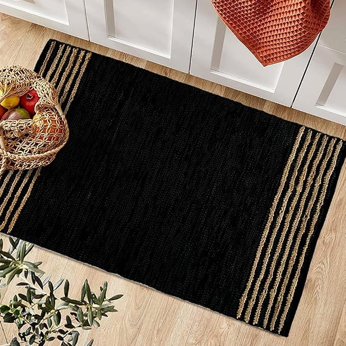 GRUHUM Black Jute Area Rug 2x3ft - Natural Fiber Rectangular Black Leather Handwoven Boho Farmhouse Soft Braided Vintage Eco Friendly Rugs Indoor Living Room Kitchen Hallways Enterways Doormat 2x3 ft