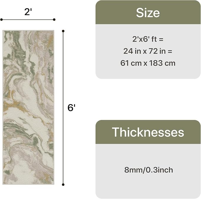 GENIMO Runner Rug Non Slip 2x6, Washable Rug Runner for Hallways Kitchen, Abstract Modern Kitchen Rugs, Low Pile Lightweight Carpet Runners for Entryway, Bedroom, Laundry, Green Pink