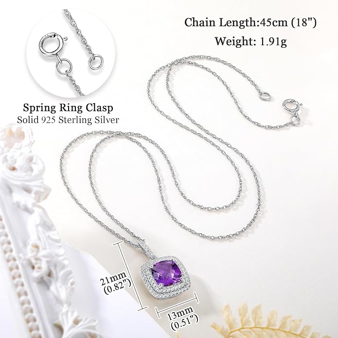 Birthstone Necklace for Women 925 Sterling Silver Cushion/Pear Cut Created Gemstone Halo Pendant Necklace Birthstone Jewelry
