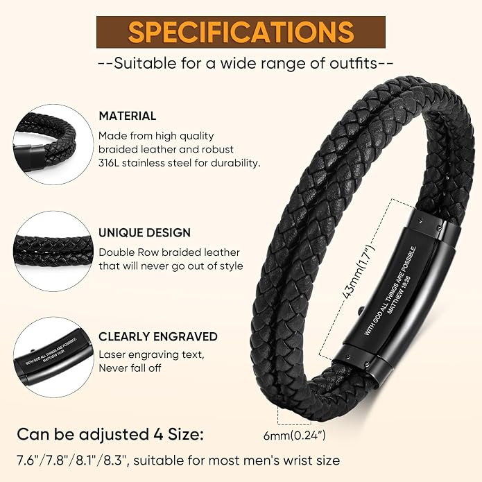 VNOX Men's Inspirational Mantra Engarved Handmade Braided Leather Adjustable Cuff Bangle Bracelet Encouragement Motivational Gift for Men