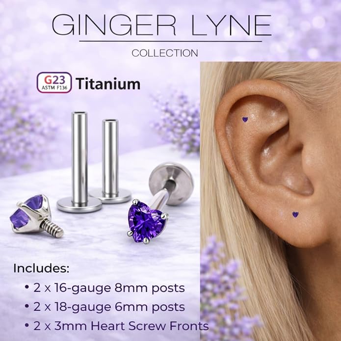 Titanium Heart CZ Labret Stud Earrings for Piercings by Ginger Lyne 6Pc Set G23 Screw Front Flat Back Body Jewelry 2 pair post 6mm, 8mm Cartilage, Helix, Tragus, Lip, Conch, Lobe