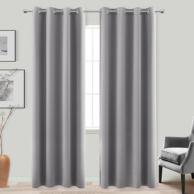 KOUFALL Light Grey Curtain Panels 90 Inches Long for Bedroom 2 Pieces Set Grommet Blackout Room Darkening Drapes for Living Room 52x90 in Length,Gray