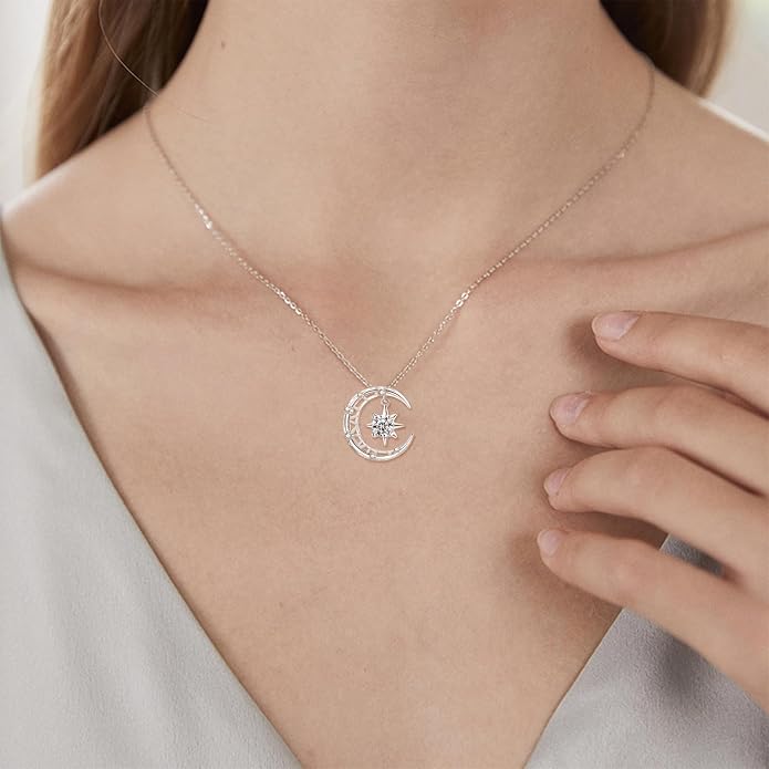 Palpitate Moon Star Necklace Moon Phase Necklace Pendant 925 Sterling Silver Jewelry Christmas Gifts for Women Wife Her Adjustable Chain