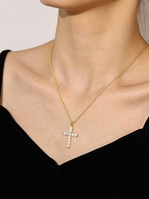 Carleen Cross Necklace For Women Yellow Gold Plated Sterling Silver Cubic Zirconia CZ Simulated Diamond Cross Crucifix Pendant Necklace Jewelry Easter Gift for Women, 18" Silver Chain Nice Gifts Jewelry Box