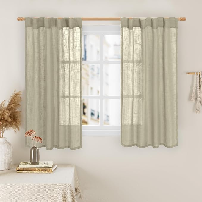 LAMIT Linen Curtains 48 Inch Length 2 Panels, Light Filtering Panels Back Tab and Rod Pocket Country Decor Drapes for Kitchen/Window/Loft Room/Bedroom, 34 x 48 Inch, Oatmeal