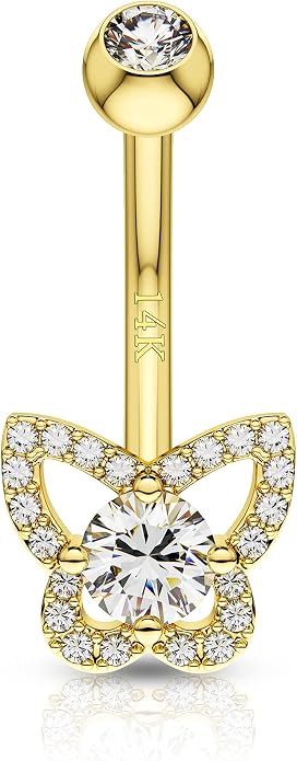 COCHARM 14K Real Gold Butterfly Belly Button Rings Solid Gold Belly Rings for Women 14K Belly Piercing Jewelry 14 14ktNavel Rings Navel Bar