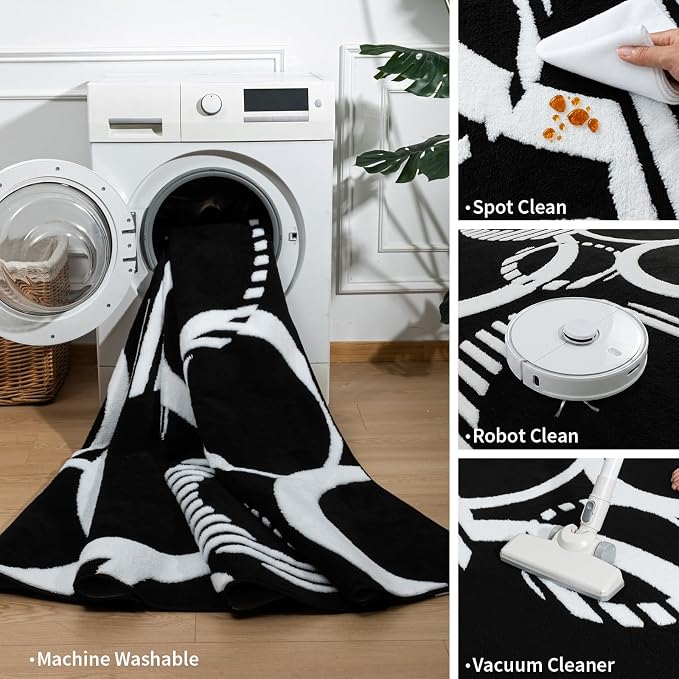 YIHOUSE Washable Black and White Living Room Rug 6x9 Area Rugs Non Slip | High and Low Pile Soft Rugs for Bedroom Dining Room, Soft Modern 3D Textured Carpet for Playroom Home Office Decor