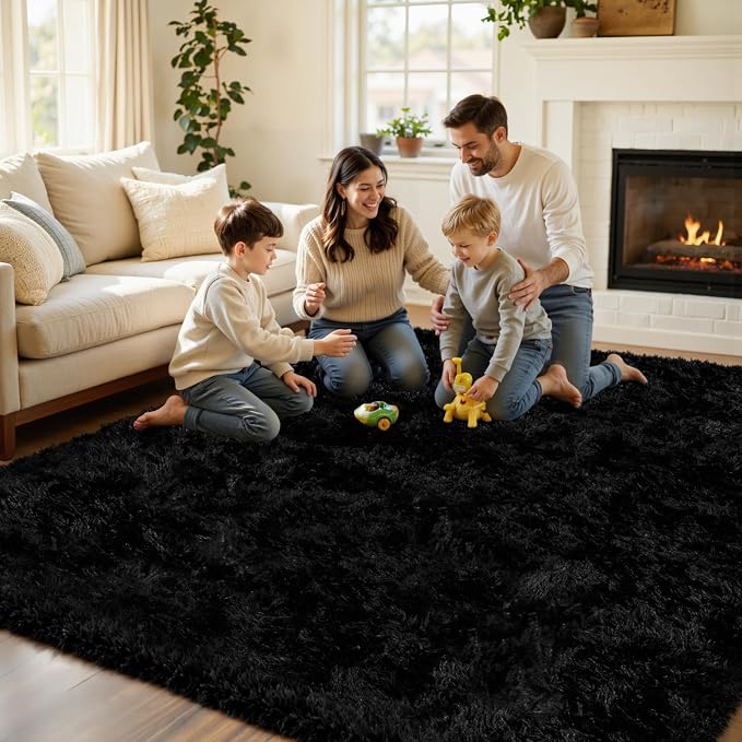 5x7 Area Rug for Living Room, Ultra Soft Fluffy Shag Rugs for Bedroom, Non-Slip Large Fuzzy Plush Rug Indoor Floor Carpet for Nursery Kids Office Dorm Modern Decor, Black