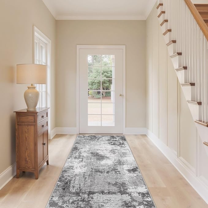 Abstract 2x6 Runner Rug: Machine Washable Non Slip Ultra Thin Low-Pile Carpet, Soft Stain Resistant for Hallway Kitchen Bathroom, Kid Pet Friendly, Robot Vacuum Compatible - Grey