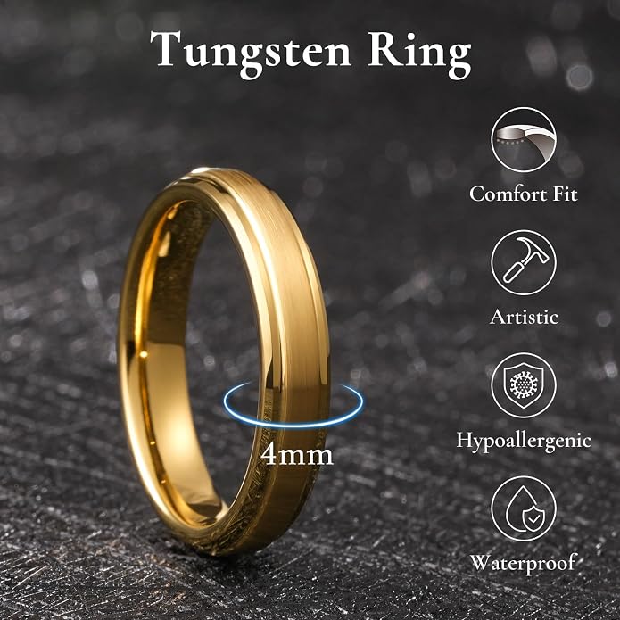 King Will Tungsten Carbide Wedding Band for Men Women-4/6/8mm Width 14K Gold Plated Tungsten Wedding Ring Matte Brushed & High Polished Style Comfort Fit Wedding Band Size 6-14