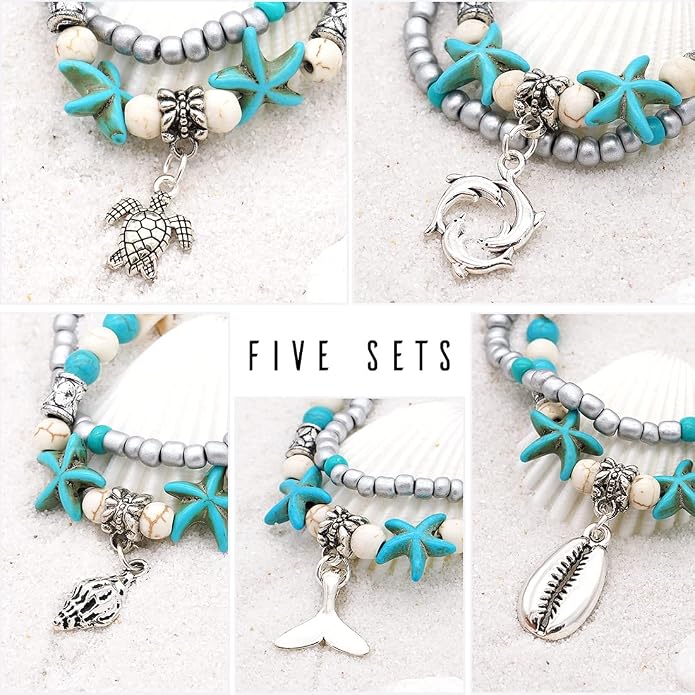 Suyi 5pcs Ankle Bracelets for Women Layered Beach Adjustable Anklets Boho Chain Anklet Foot Jewelry