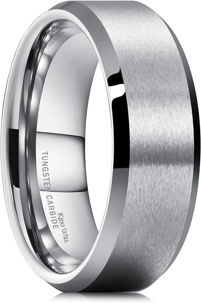 King Will Tungsten Men's Wedding Ring - Available in 6mm to 10mm, Black/Silver, Matte Finish, Beveled Polished Edge, Comfort Fit