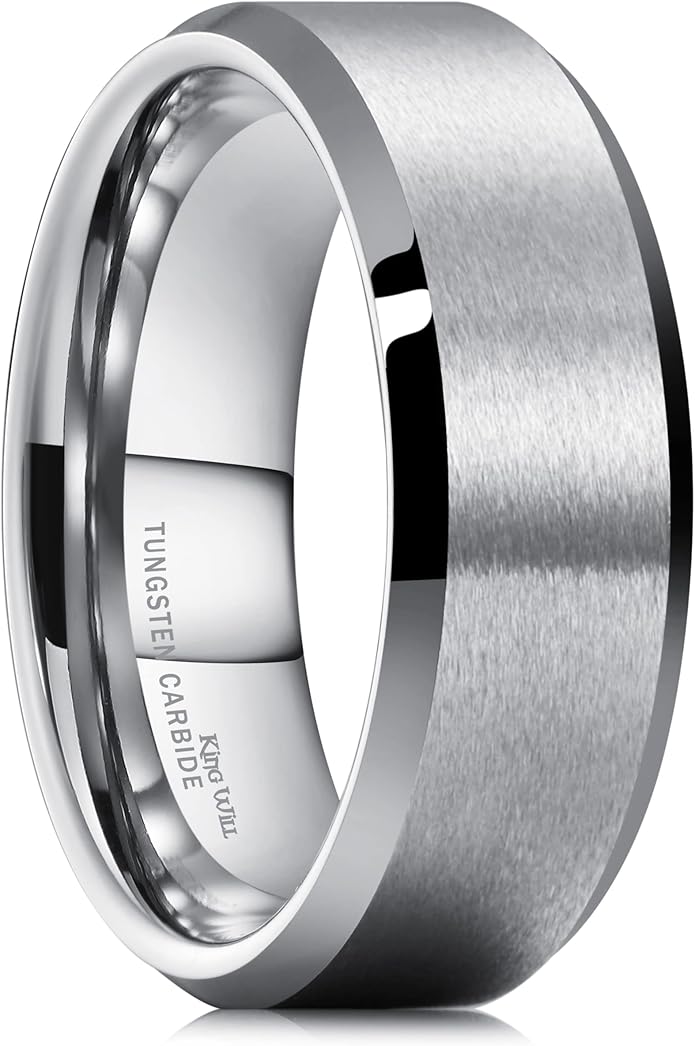 King Will Tungsten Men's Wedding Ring - Available in 6mm to 10mm, Black/Silver, Matte Finish, Beveled Polished Edge, Comfort Fit