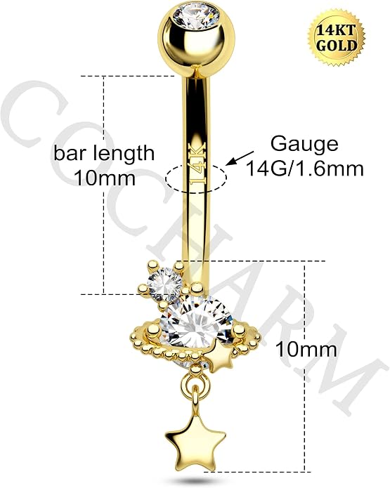 COCHARM 14K Gold Belly Button Rings Saturn Star 14K Yellow Gold Belly Rings for Women 10MM 14k Gold Barbell 14k Belly Navel Belly Piercing Jewerly