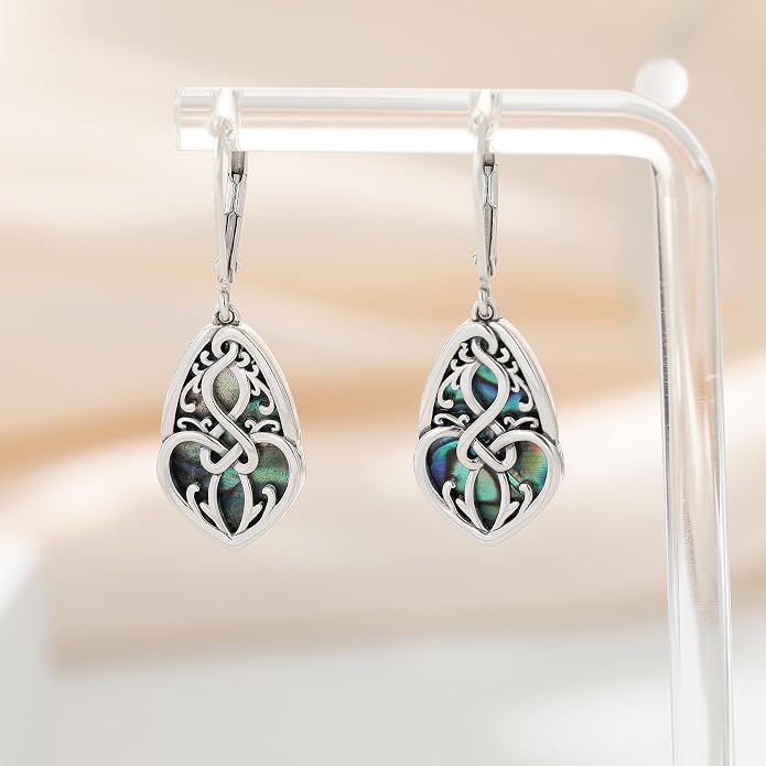 Sterling Silver Abalone Shell Filigree Dangle Drop Earrings Bohemia Jewelry Gift for Women Mother Mom
