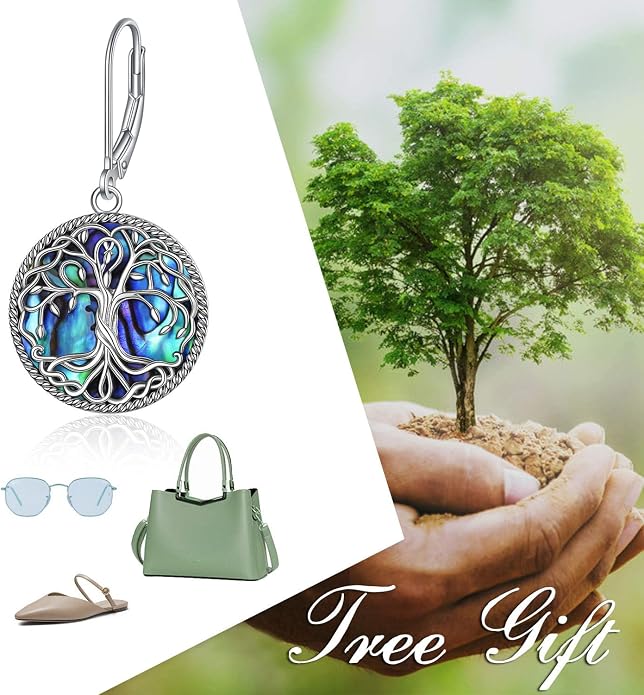 POPLYKE Celtic Tree of Life Earrings for Women Sterling Silver Family Tree Abalone Shell/Volcano Crystal Dangle Earrings Jewelry