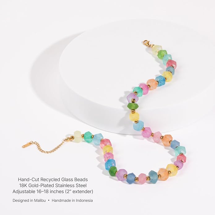 Chunky Frosted Sea Glass Beaded Necklace for Women - Handmade Recycled Glass, 18K Gold Plated or Silver Toned Stainless Steel, Adjustable 16-18 inch Boho Statement Necklace